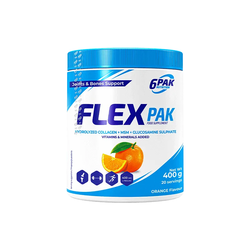 6PAK Flex Pak, Colágeno Hidrolizado + MSM + Sulfato de Glucosamina, Sabor Naranja - 400 g