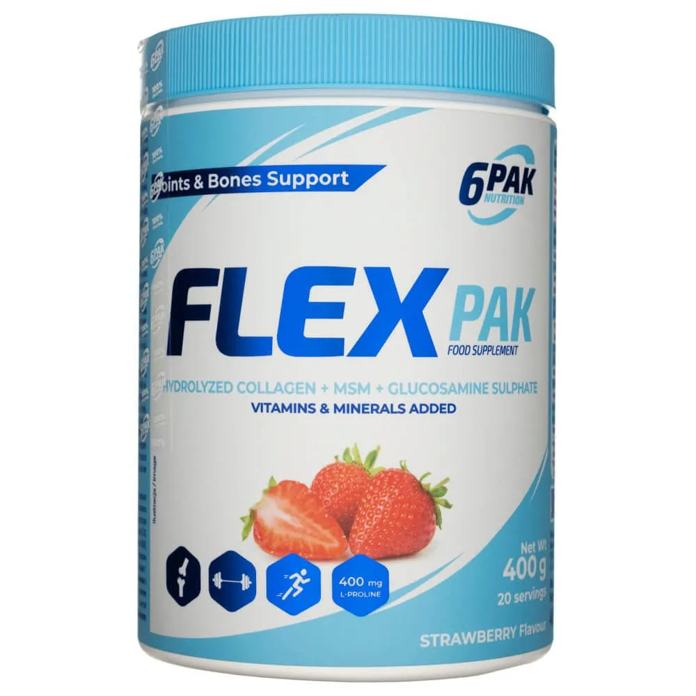 6PAK Flex Pak, Colágeno Hidrolizado + MSM + Glucosamina Sulfato, St RAW Sabor bayas - 400 g