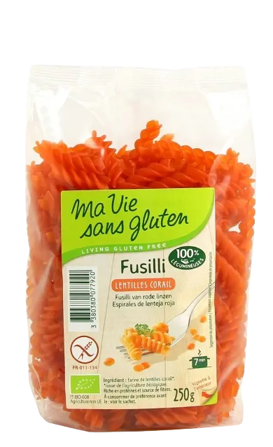 Fusilli Lentejas Coral Orgánicas-250g-Mi vida sin gluten