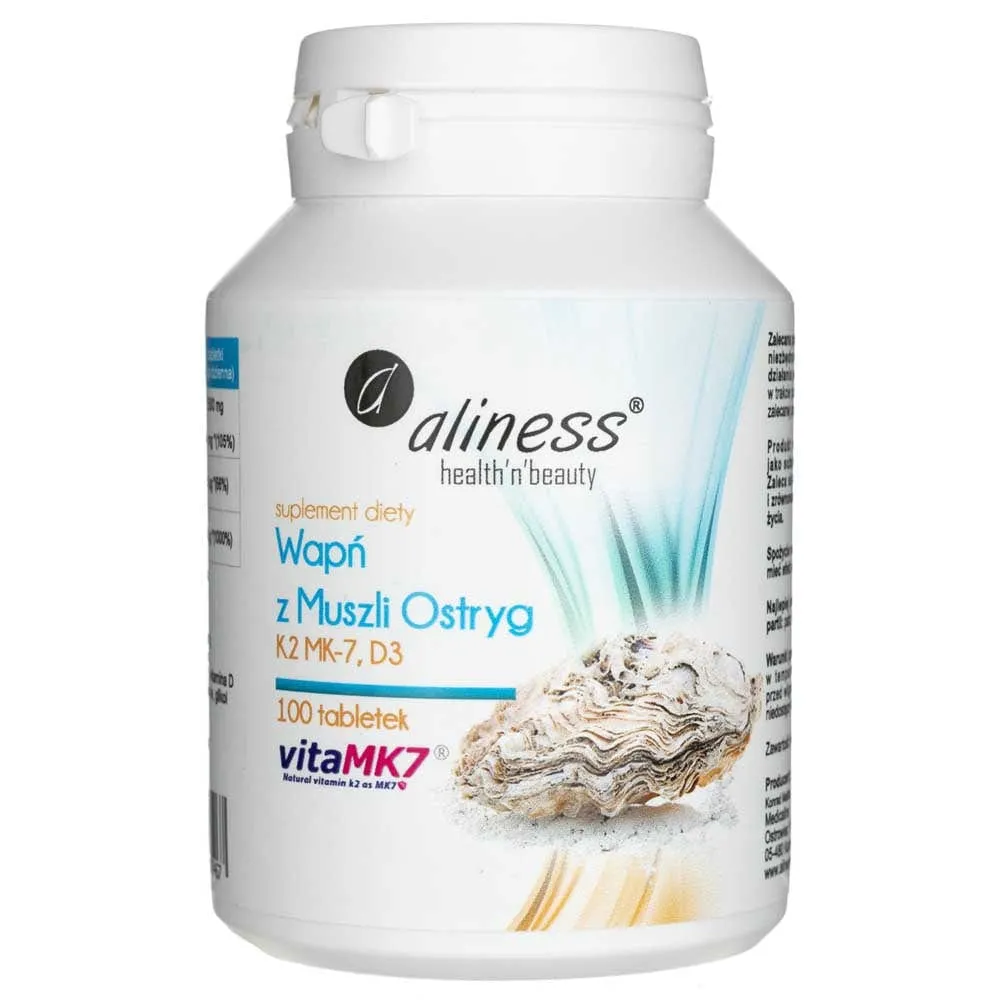 Aliness Calcio de Concha de Ostra con Vitamina K2 MK-7 y D3 - 100 Tabletas