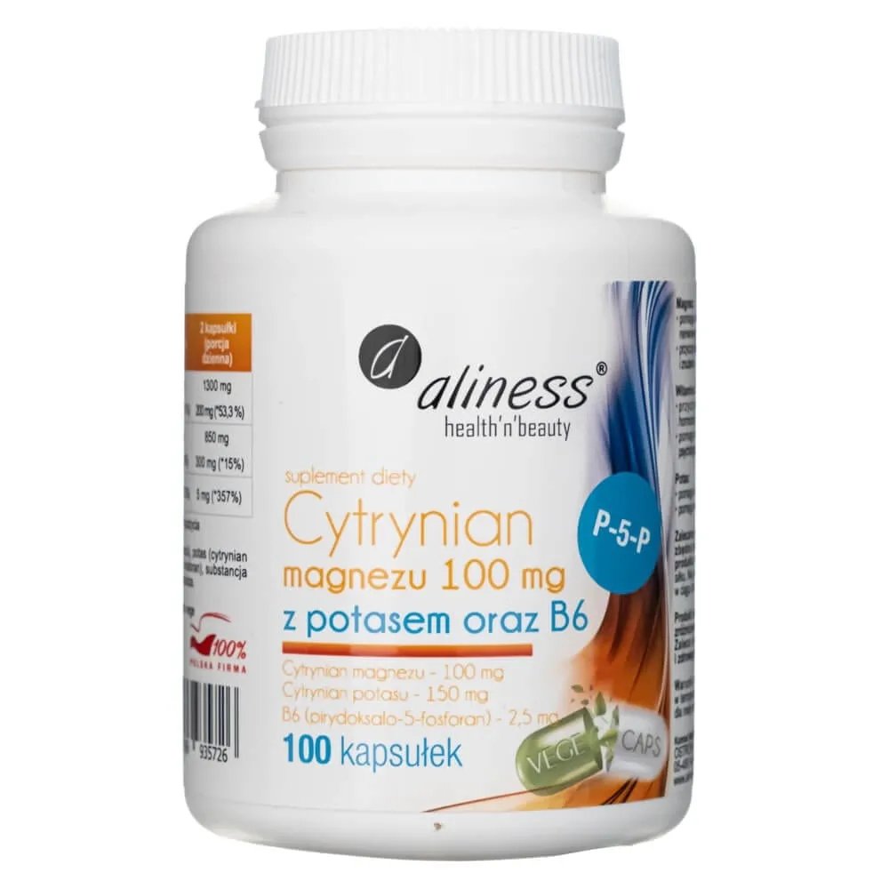 Aliness Citrato de magnesio 100 mg con potasio 150 mg, B6 (P-5-P) - 100 cápsulas vegetales