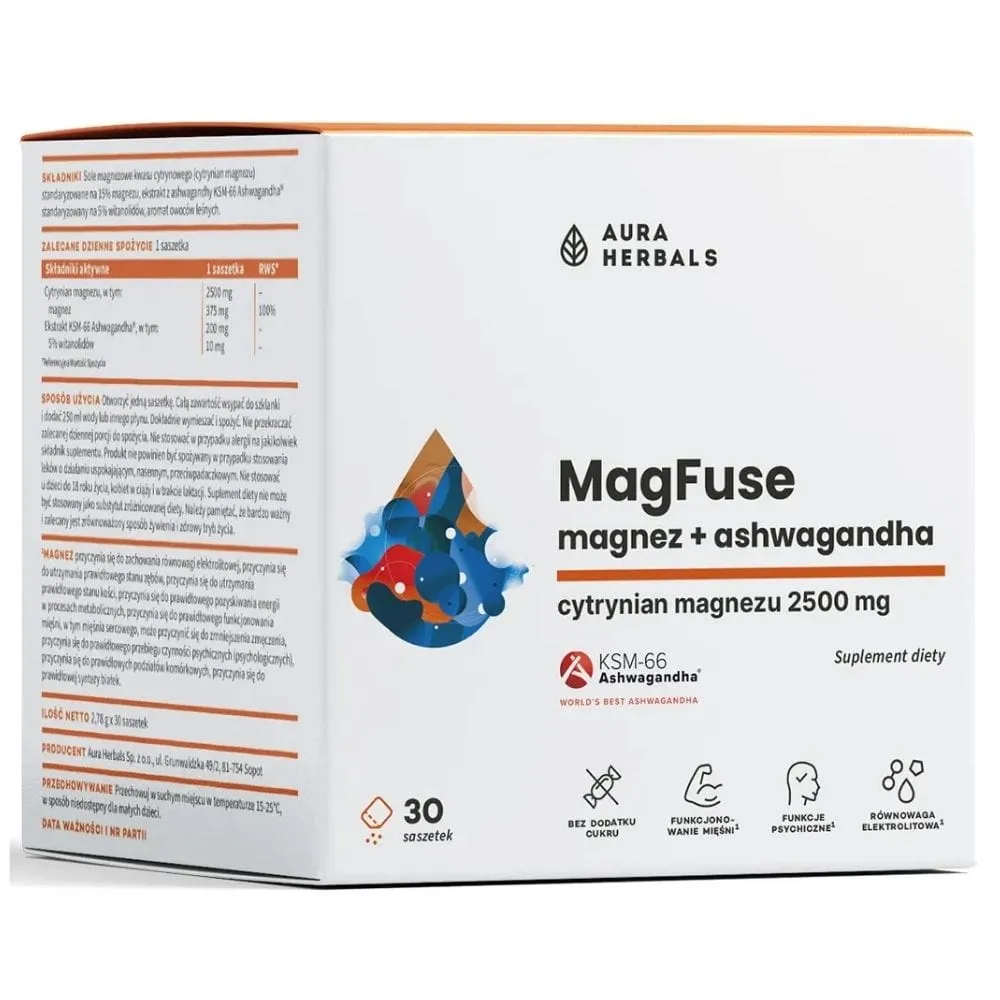 Aura Herbals MagFuse: Magnesio + Ashwagandha, Frutas del Bosque - 30 Bolsitas
