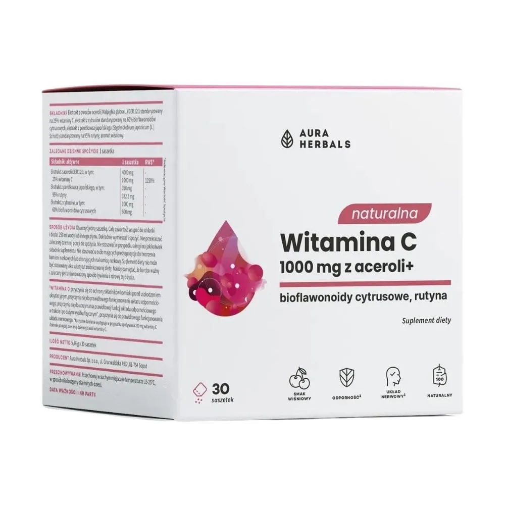 Aura Herbals Vitamina C Natural 1000 mg de Acerola, Cereza - 30 Bolsitas