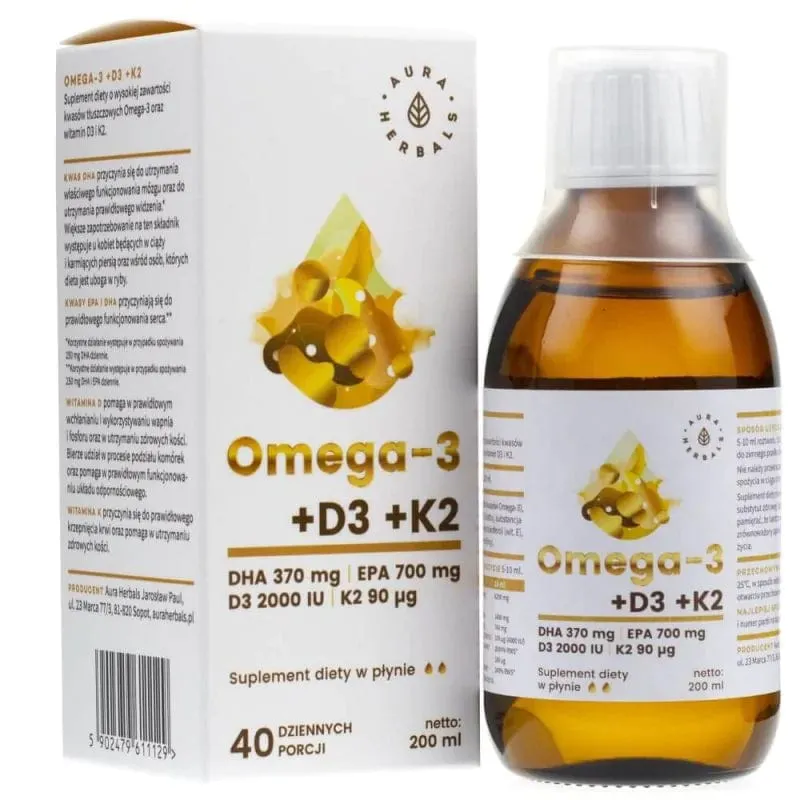 Aura Herbals Omega-3 (370 DHA) + D3 (2000IU) + K2MK7, líquido - 200 ml