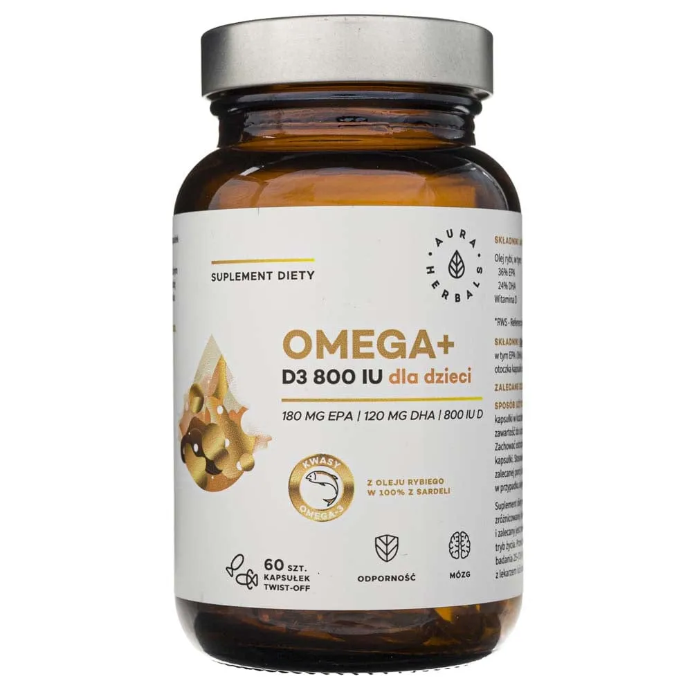 Aura Herbals Omega Vitamina D3 800 UI para niños - 60 cápsulas Twist-off