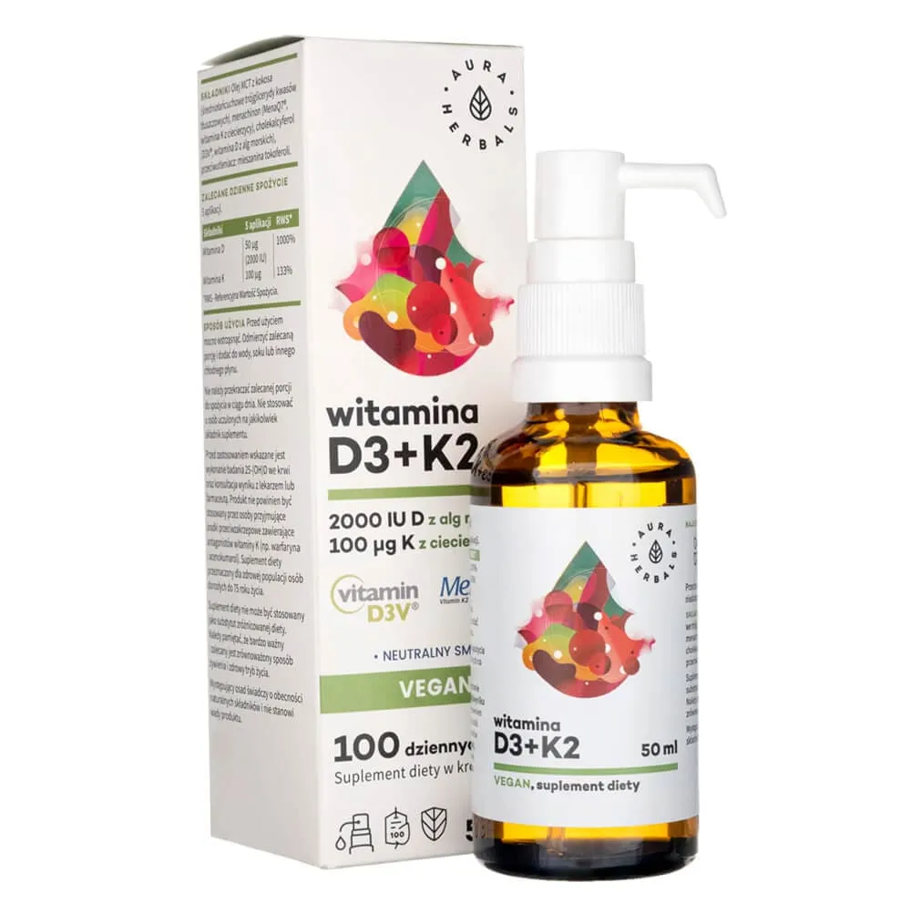 Aura Herbals Vitamina D3 2000 UI + K2 Gotas Veganas, - 50 ml