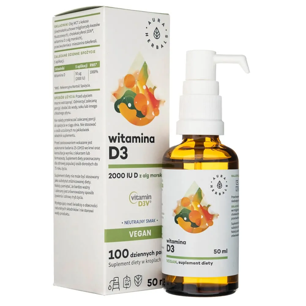 Aura Herbals Vitamina D3 2000 UI Gotas Veganas, - 50 ml