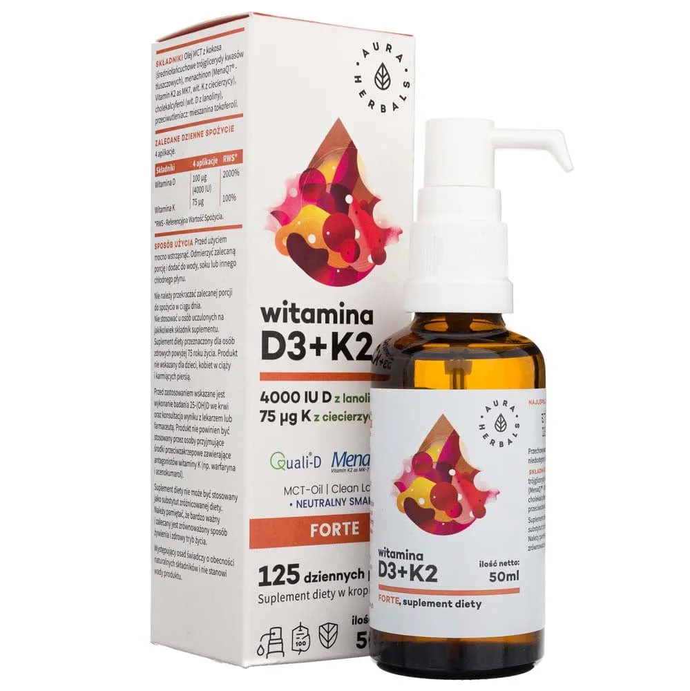 Aura Herbals Vitamina D3 4000 UI + K2, MCT, gotas - 50 ml