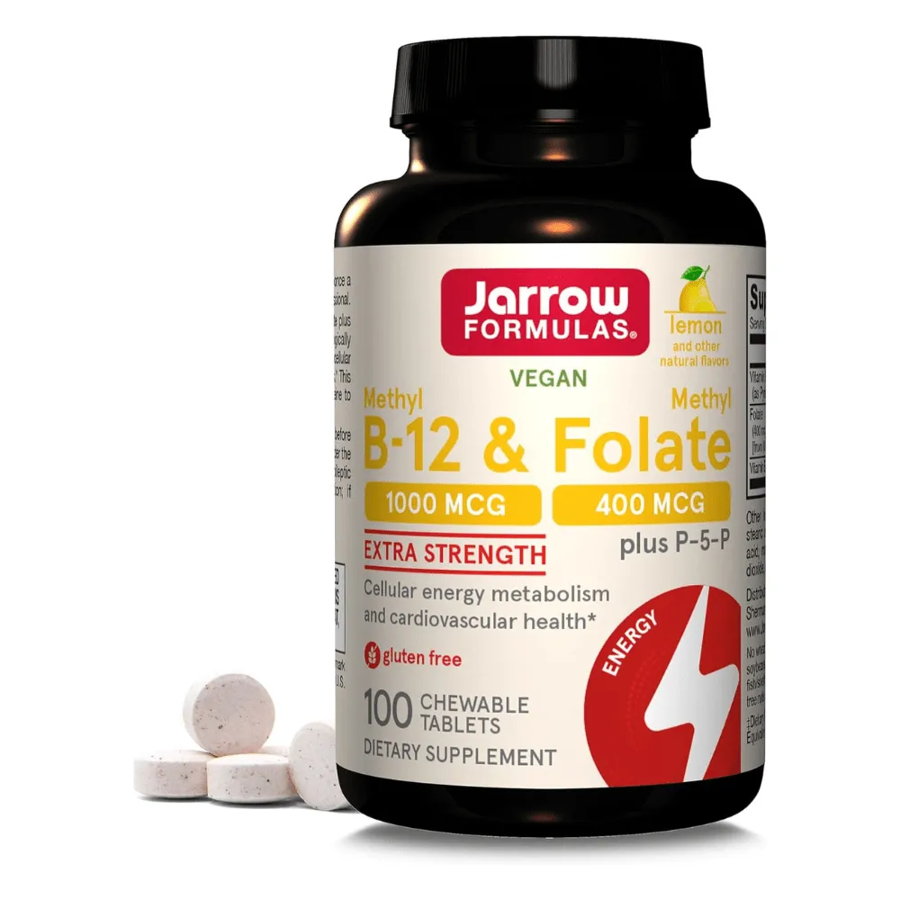 Jarrow Formulas Metil B-12 1000 mcg & Metil Folato 400 mcg, Limón - 100 Tabletas Masticables