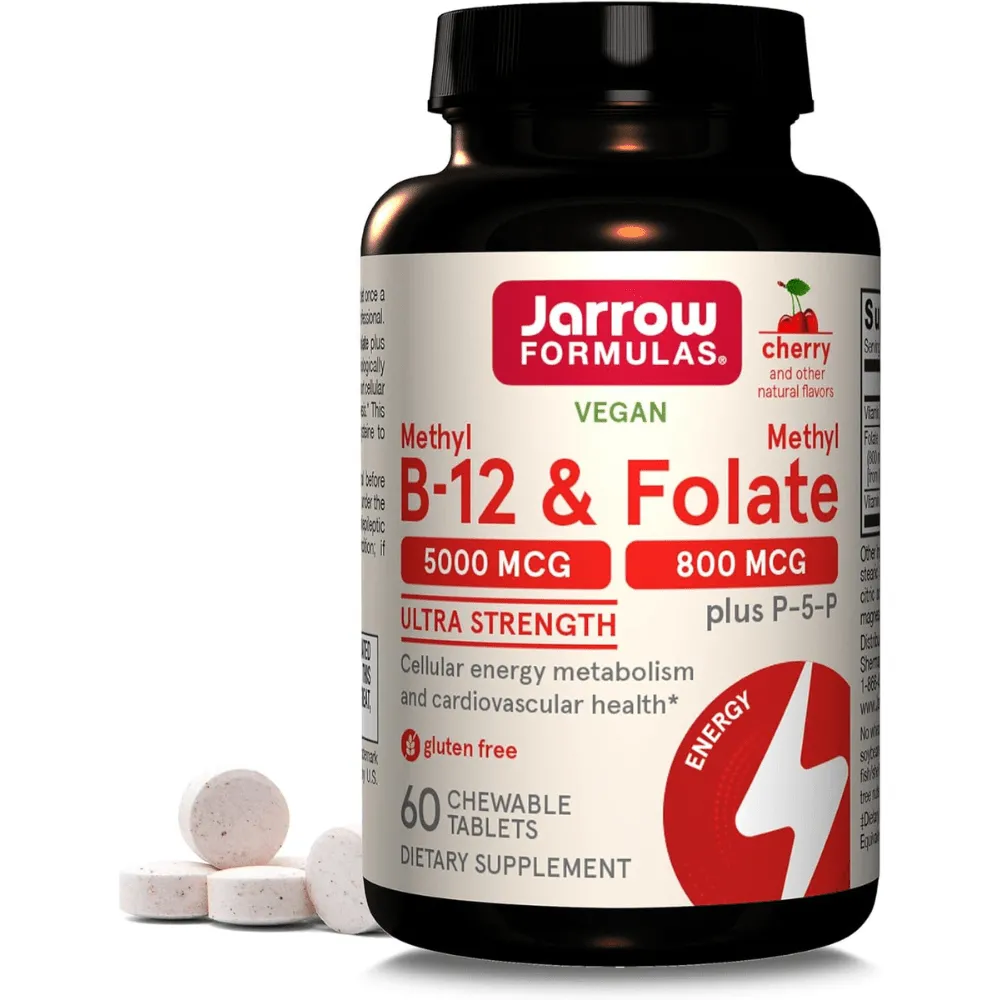 Jarrow Formulas Metil B-12 5000 mcg & Metil Folato 800 mcg Cereza - 60 Tabletas Masticables