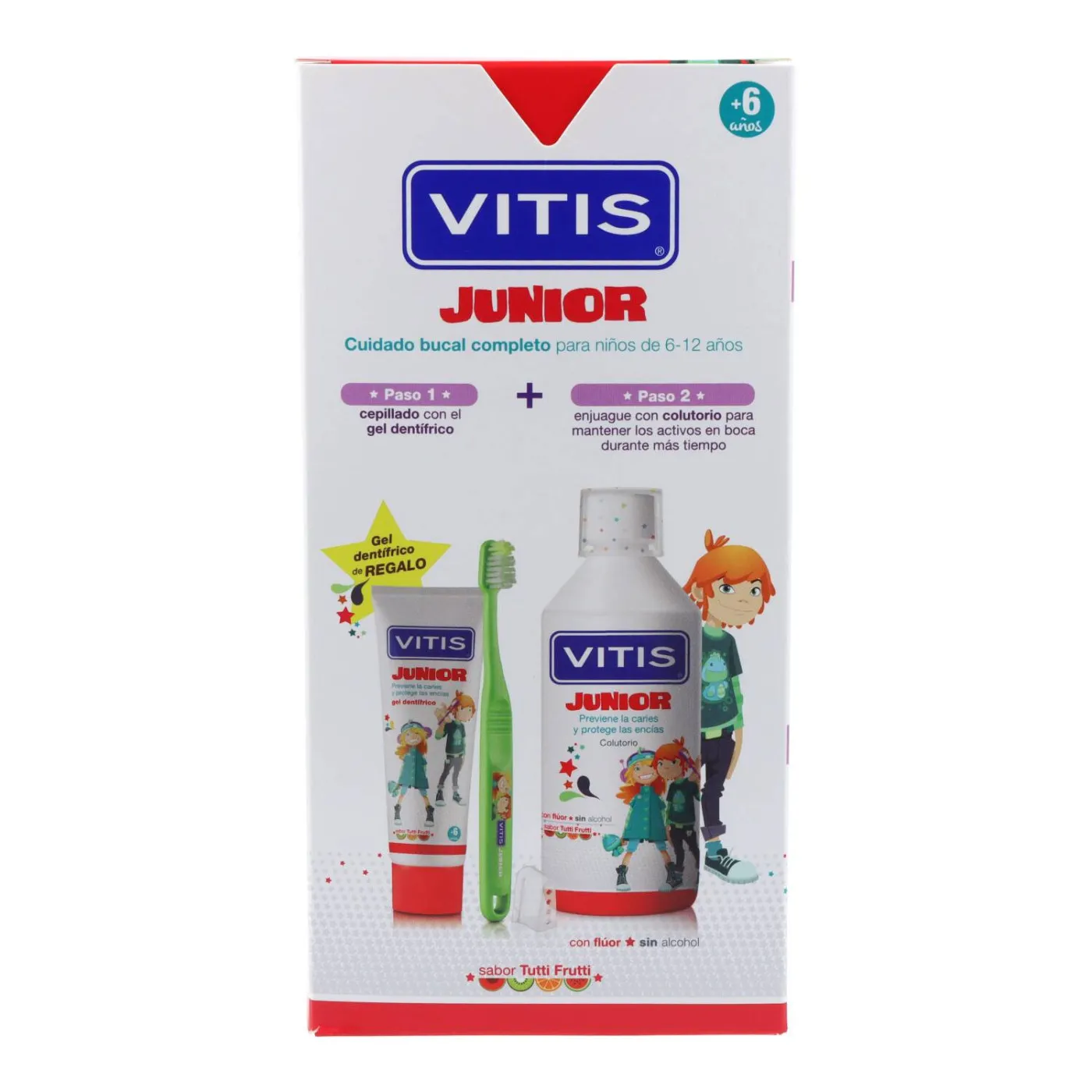 Vitis Junior 6-12 Tutti Frutti Colutorio 500 ml + Gel Dentifrico 75 ml + Cepillo Promo